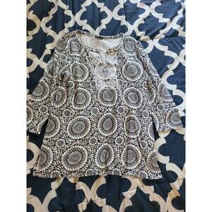 Talbots Womens Size S Medallion Cotton Geometric Stretch T-Shirt 3/4 Sleeve Long